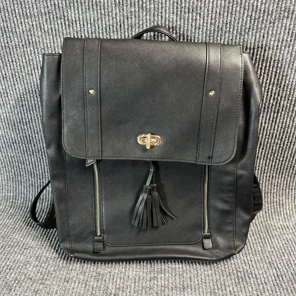 Faux Leather Black Backpack Laptop Bag Casual Work Business Pockets Straps 16x15